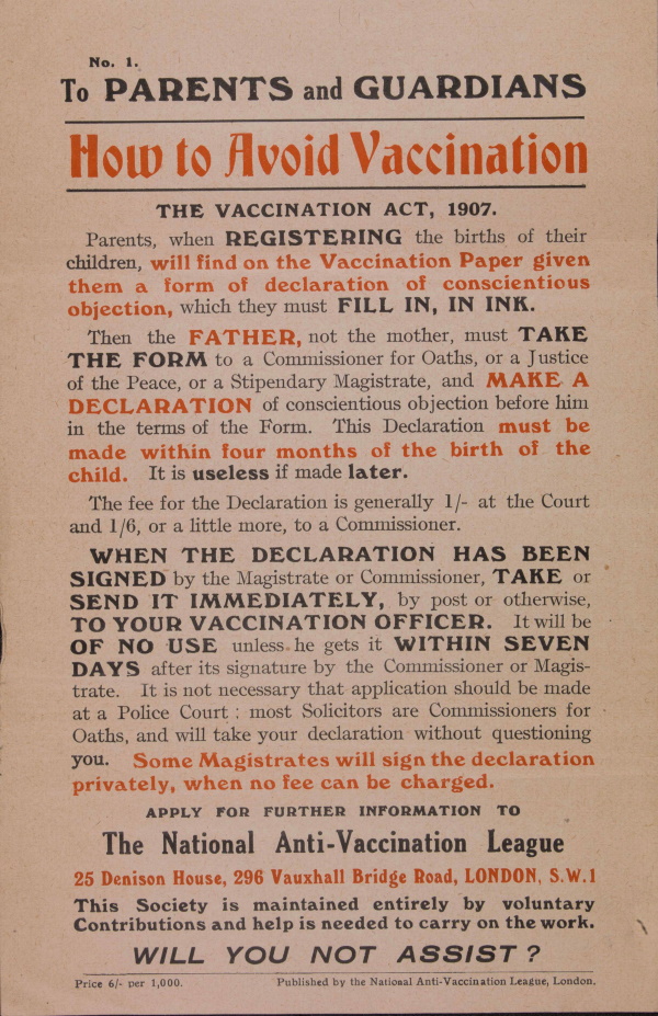 MS049: Flyer published by the National Anti-Vaccination League, 1920s
