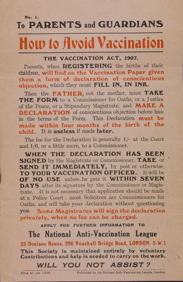 MS049: Flyer published by the National Anti-Vaccination League, 1920s
