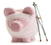 A piggy bank with crutches