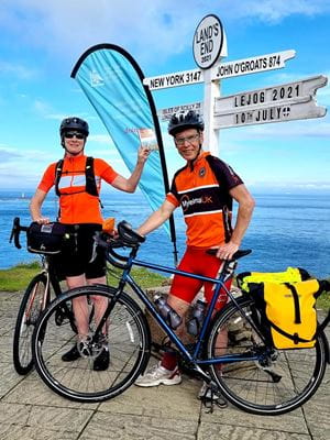 MIss Susan Hill and Mr Tim Mitchell set off from Land's End on a bike ride to John o'Groats to raise money for Myeloma UK and RCS England