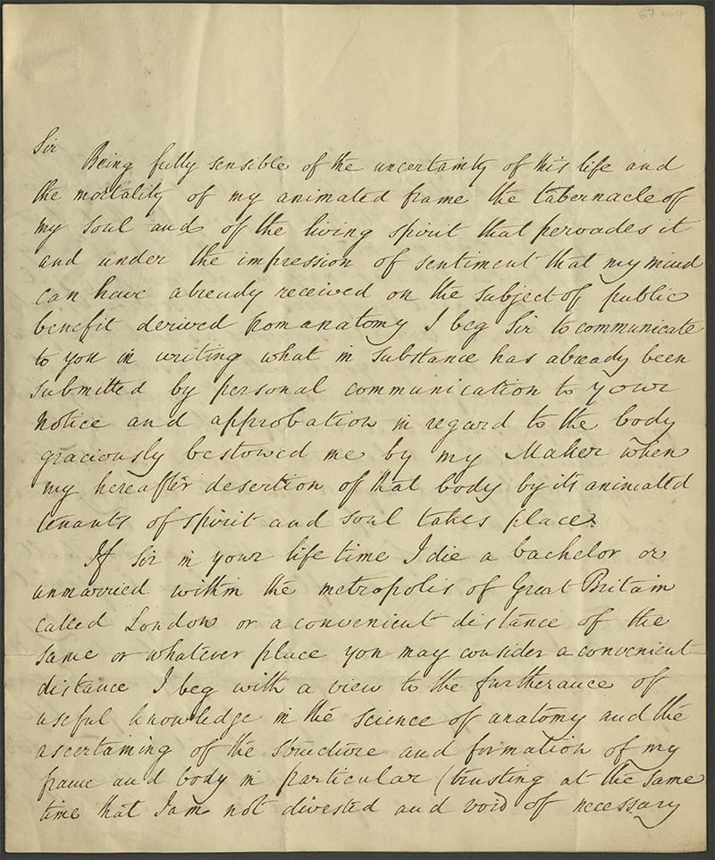 First page of a hand-written letter beginning: 'Sir, Being fully sensible of the uncertainty of this life and the mortality of my animated frame the tabernacle of the soul and of the living spirit that pervades it...'
