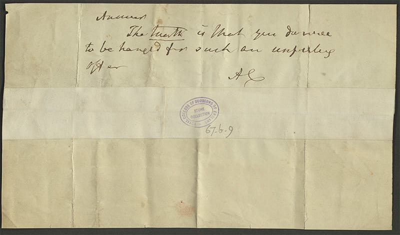 Handwritten letter reading 'The truth is that you deserve to be hanged for such an unfeeling offer, AC.'
