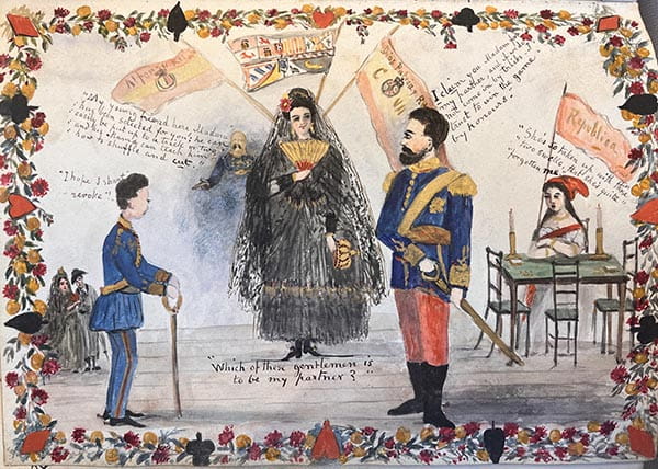 A colour drawing depicting Spain as a lady in traditional Spanish dress choosing between two men representing Republic and Monarchy