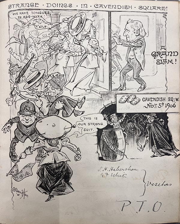 A drawing entitled 'Strange Doings in Cavendish Square':  A group of women shouting 'We have tongues to Asq-with' hammer on a door whilst two men on the other side hold it shut.  Two other women struggle with policemen.