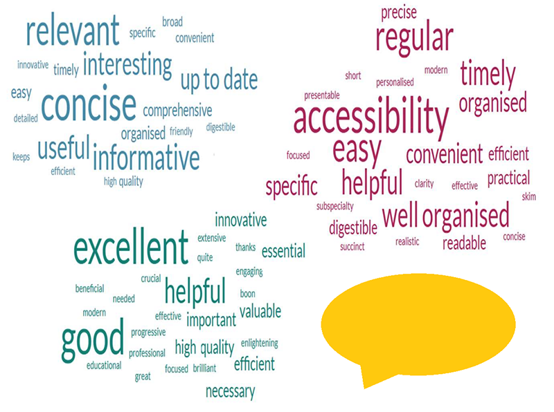 Three word clouds showing feedback on content quality. Most prominent terms include "concise", "informative", "relevant", "useful", "excellent", "helpful", "good", "accessibility", "easy", "regular" and "well organised".