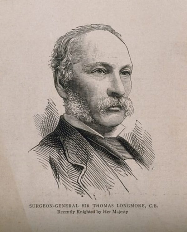Engraved portrait of a man in Victorian dress, captioned 'Surgeon-General Sit Thomas Longmore, C.B. Recently Knighted by Her Majesty'
