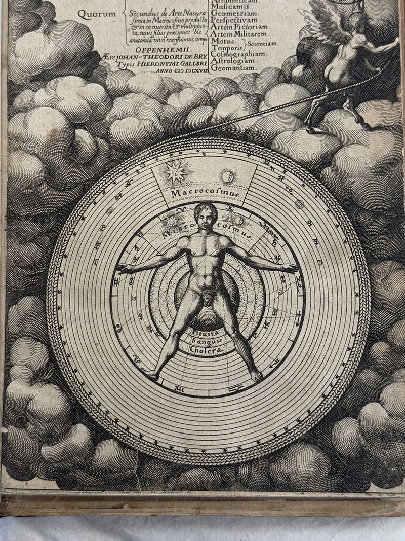 An engraving of a naked man in a series of nested circles