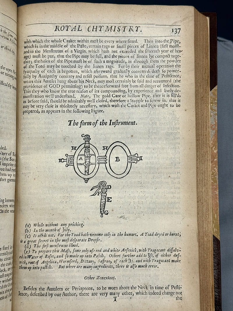 Page 137 from a book entitled Royal Chymistry, including a diagram of a complex instrument