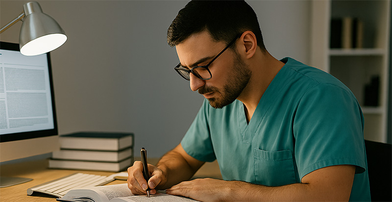 A researcher at a desk with a computer and books