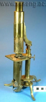 Compound microscope with folding tripod feet built by Quekett for his brother