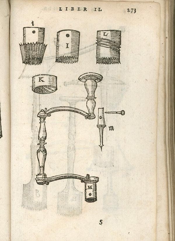 A diagram of multiple components for a hand-cranked circular cutting tool.