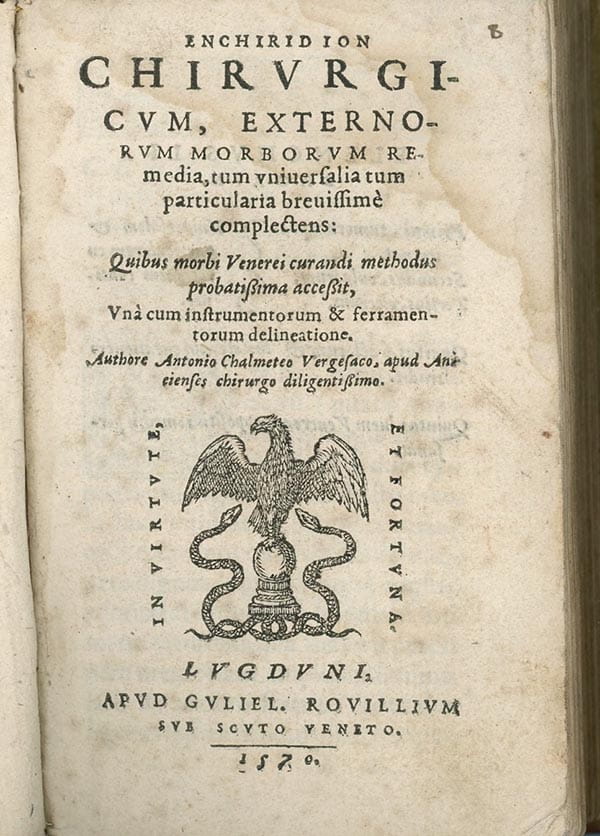The frontispiece of Enchiridion Chirurgicum, with an drawing of a bird and two snakes.