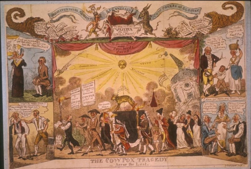 George Cruikshank, The Cowpox Tragedy, 1812. A cartoon satirising the practice of vaccination