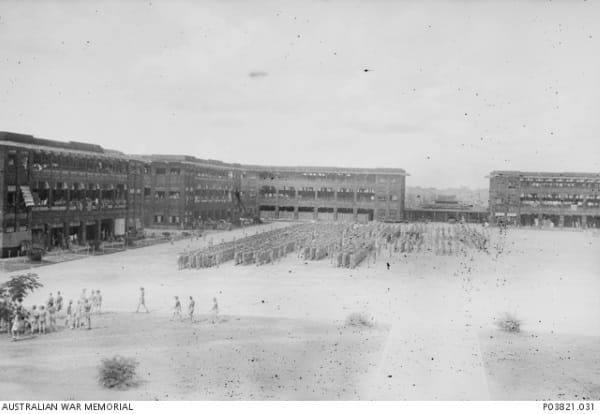 Julian Taylor 4: Australian soldiers parade in military dress at the Selarang Barracks Square, Changi prisoner of ...