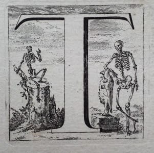 An illustration from Osteographia, depicting a two skeletons posing beside the letter 'T'