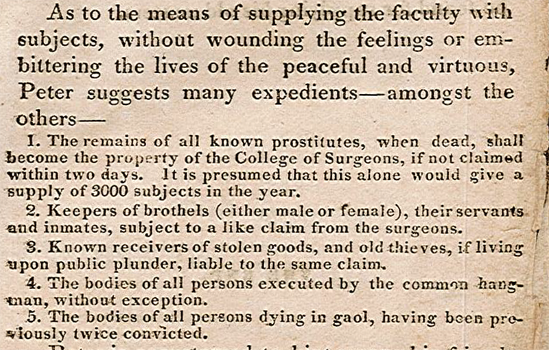 Printed text, beginning: As to the means of supplying the faculty with subjects, without wounding the feelings or embittering the lives of the peaceful and virtuous, Peter suggests many expedients-amongst the others-...