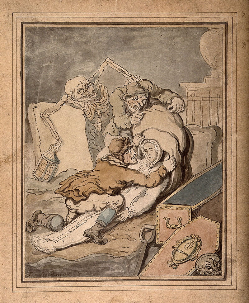 Tinted engraving showing two grave-robbers with an open coffin and corpse, while Death portrayed as a skeleton watches.