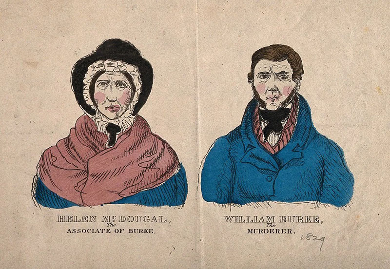 Coloured sketches: 'Helen McDougal, the associate of Burke. William Burke, the murderer.'