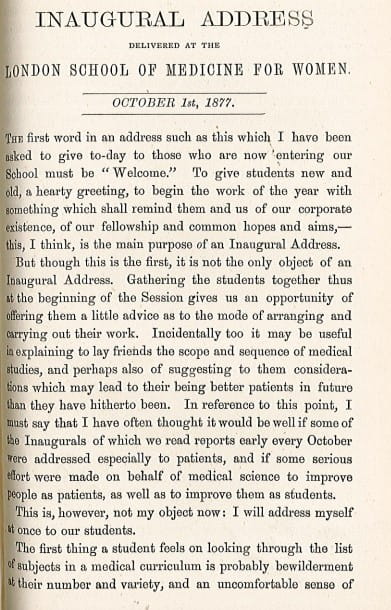 Women's Hospitals 3: Front page of the inaugural address given at the London School of Medicine for Women by Elizabeth Garrett Anderson. TRACTS 939 (19).